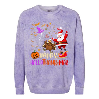 Happy Hallothanksmas Skeleton Pumpkin Turkey Santa Dancing Colorblast Crewneck Sweatshirt