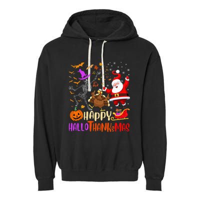 Happy Hallothanksmas Skeleton Pumpkin Turkey Santa Dancing Garment-Dyed Fleece Hoodie