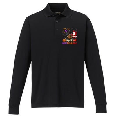 Happy Hallothanksmas Skeleton Pumpkin Turkey Santa Dancing Performance Long Sleeve Polo