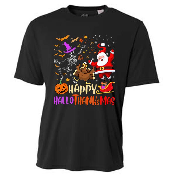 Happy Hallothanksmas Skeleton Pumpkin Turkey Santa Dancing Cooling Performance Crew T-Shirt