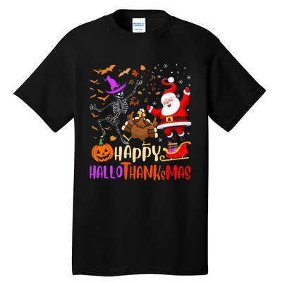 Happy Hallothanksmas Skeleton Pumpkin Turkey Santa Dancing Tall T-Shirt