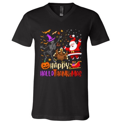 Happy Hallothanksmas Skeleton Pumpkin Turkey Santa Dancing V-Neck T-Shirt