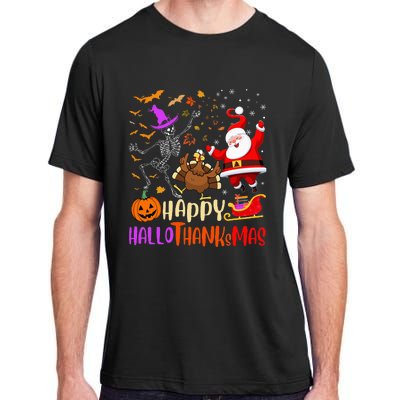 Happy Hallothanksmas Skeleton Pumpkin Turkey Santa Dancing Adult ChromaSoft Performance T-Shirt