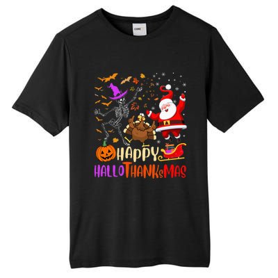 Happy Hallothanksmas Skeleton Pumpkin Turkey Santa Dancing Tall Fusion ChromaSoft Performance T-Shirt