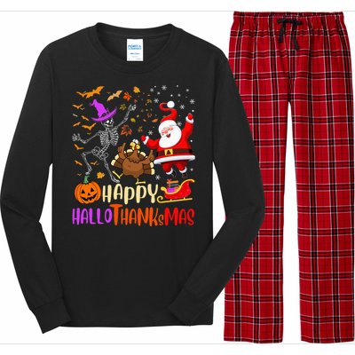 Happy Hallothanksmas Skeleton Pumpkin Turkey Santa Dancing Long Sleeve Pajama Set