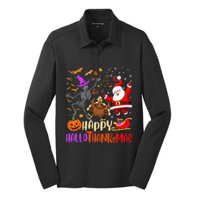 Happy Hallothanksmas Skeleton Pumpkin Turkey Santa Dancing Silk Touch Performance Long Sleeve Polo