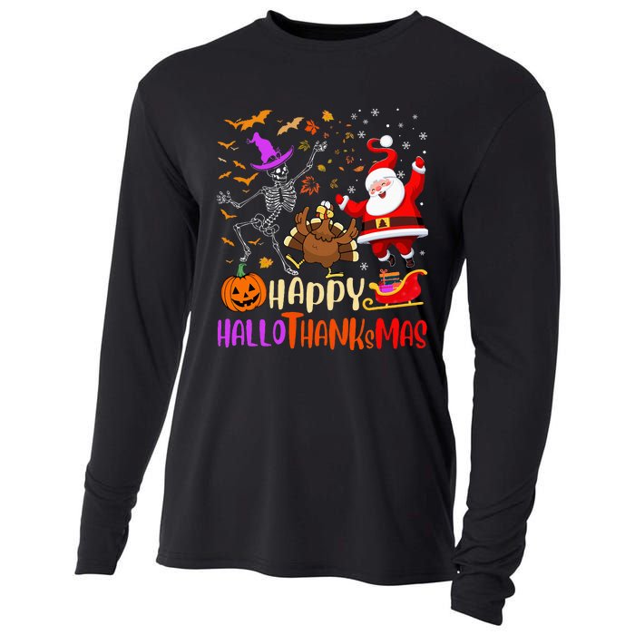 Happy Hallothanksmas Skeleton Pumpkin Turkey Santa Dancing Cooling Performance Long Sleeve Crew