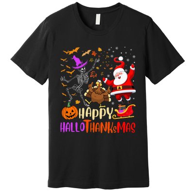 Happy Hallothanksmas Skeleton Pumpkin Turkey Santa Dancing Premium T-Shirt