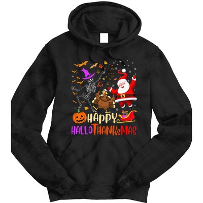 Happy Hallothanksmas Skeleton Pumpkin Turkey Santa Dancing Tie Dye Hoodie