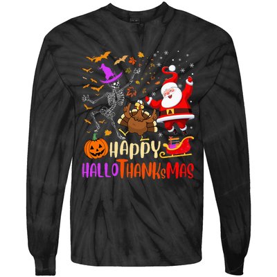 Happy Hallothanksmas Skeleton Pumpkin Turkey Santa Dancing Tie-Dye Long Sleeve Shirt