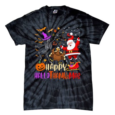 Happy Hallothanksmas Skeleton Pumpkin Turkey Santa Dancing Tie-Dye T-Shirt