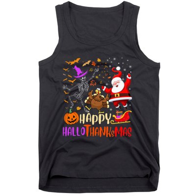 Happy Hallothanksmas Skeleton Pumpkin Turkey Santa Dancing Tank Top