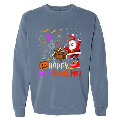 Happy Hallothanksmas Skeleton Pumpkin Turkey Santa Dancing Garment-Dyed Sweatshirt