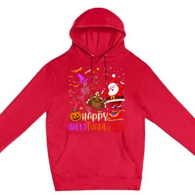 Happy Hallothanksmas Skeleton Pumpkin Turkey Santa Dancing Premium Pullover Hoodie