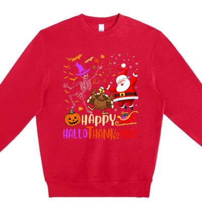 Happy Hallothanksmas Skeleton Pumpkin Turkey Santa Dancing Premium Crewneck Sweatshirt