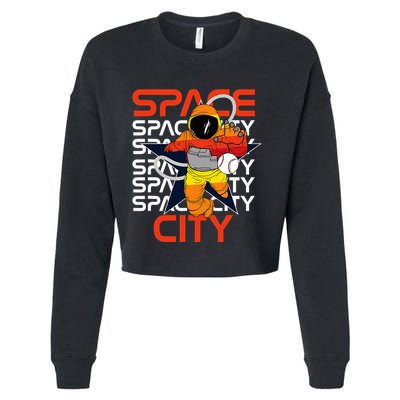 Htown Houston Space City Vintage Baseball Astronaut Cropped Pullover Crew