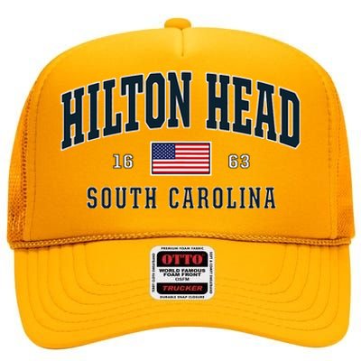 Hilton Head Sc South Carolina Usa Flag Patriotic High Crown Mesh Back Trucker Hat