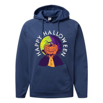 Happy Halloween Spooky Pumpkin Head In Full Moon Performance Fleece Hoodie