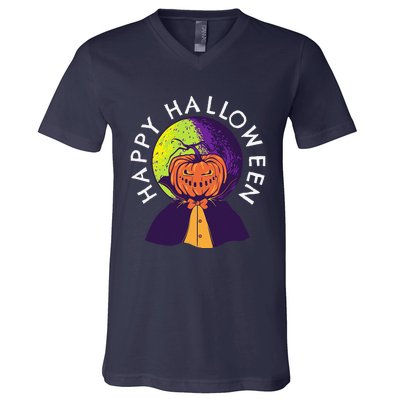 Happy Halloween Spooky Pumpkin Head In Full Moon V-Neck T-Shirt