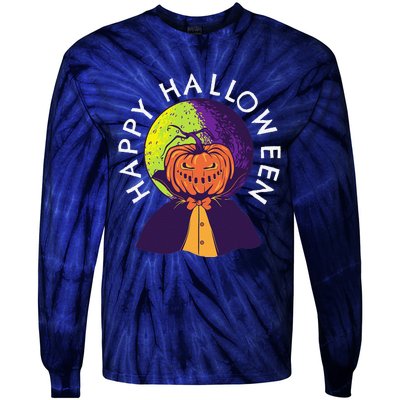 Happy Halloween Spooky Pumpkin Head In Full Moon Tie-Dye Long Sleeve Shirt