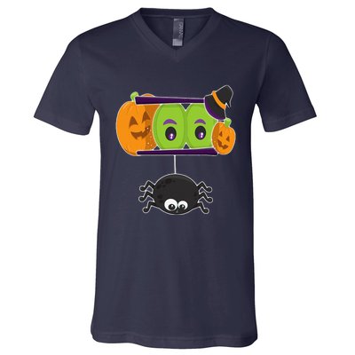 Happy Halloween Spooky Pumpkins Eyes Orange Pumpkin Spider V-Neck T-Shirt