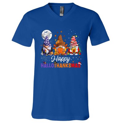 Happy Hallothanksmas Sloth Xmas Thanksgiving Halloween  V-Neck T-Shirt