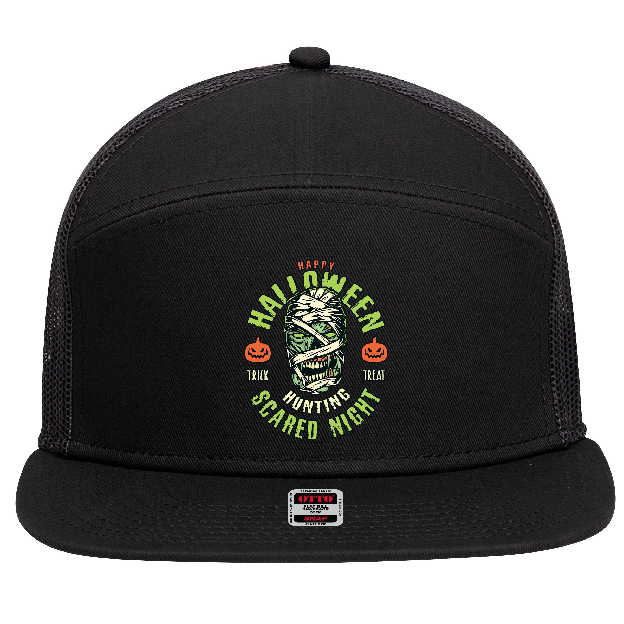 Happy Halloween Scared Night Mummy 7 Panel Mesh Trucker Snapback Hat