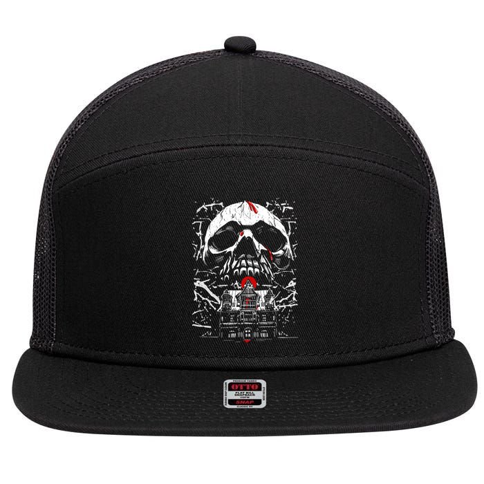 Haunted House Skull 7 Panel Mesh Trucker Snapback Hat