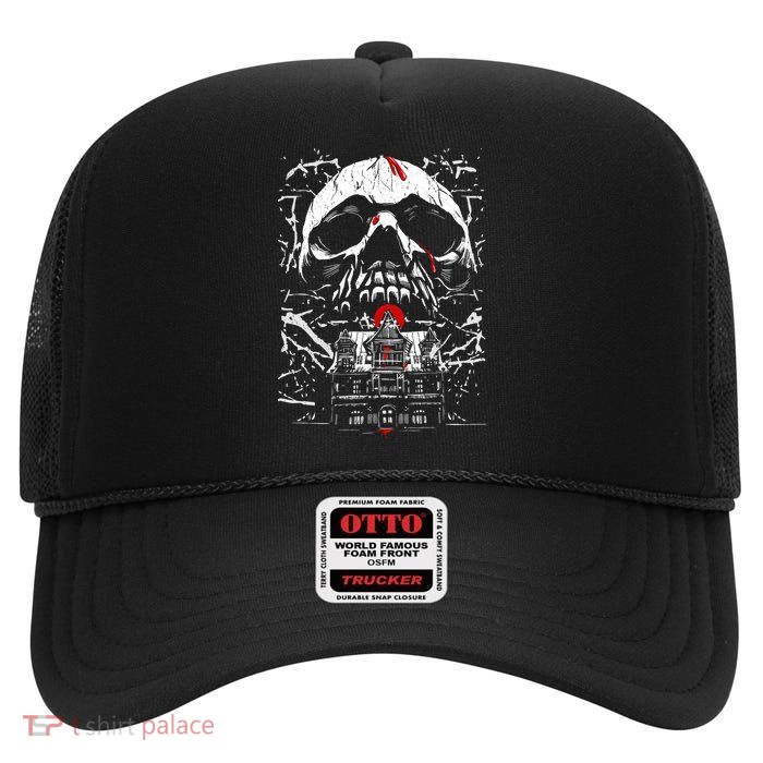 Haunted House Skull High Crown Mesh Back Trucker Hat