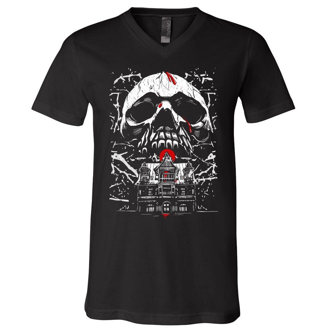 Haunted House Skull V-Neck T-Shirt