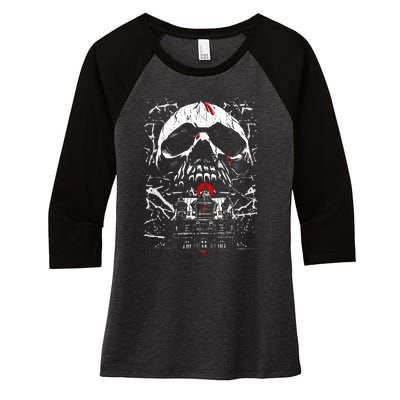 Haunted House Skull Women's Tri-Blend 3/4-Sleeve Raglan Shirt