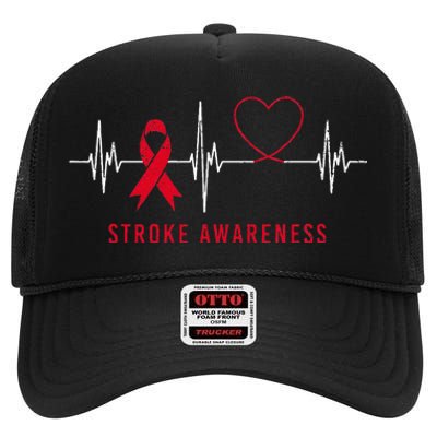 Heartbeat Heart Stroke Awareness Month Red Ribbon Support High Crown Mesh Back Trucker Hat