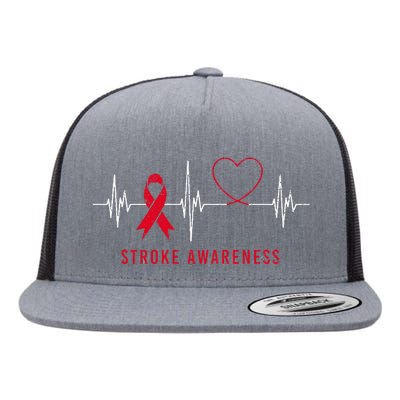 Heartbeat Heart Stroke Awareness Month Red Ribbon Support Flat Bill Trucker Hat