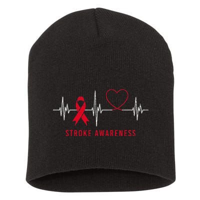 Heartbeat Heart Stroke Awareness Month Red Ribbon Support Short Acrylic Beanie