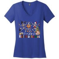 Happy Hallothanksmas Skeleton Gift Women's V-Neck T-Shirt