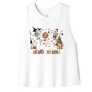 Happy Hallothanksmas Skeleton Gift Women's Racerback Cropped Tank