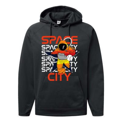 Htown Houston Space City Vintage Baseball Astronaut Performance Fleece Hoodie