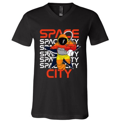 Htown Houston Space City Vintage Baseball Astronaut V-Neck T-Shirt