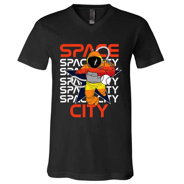 Htown Houston Space City Vintage Baseball Astronaut V-Neck T-Shirt