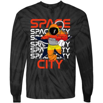 Htown Houston Space City Vintage Baseball Astronaut Tie-Dye Long Sleeve Shirt