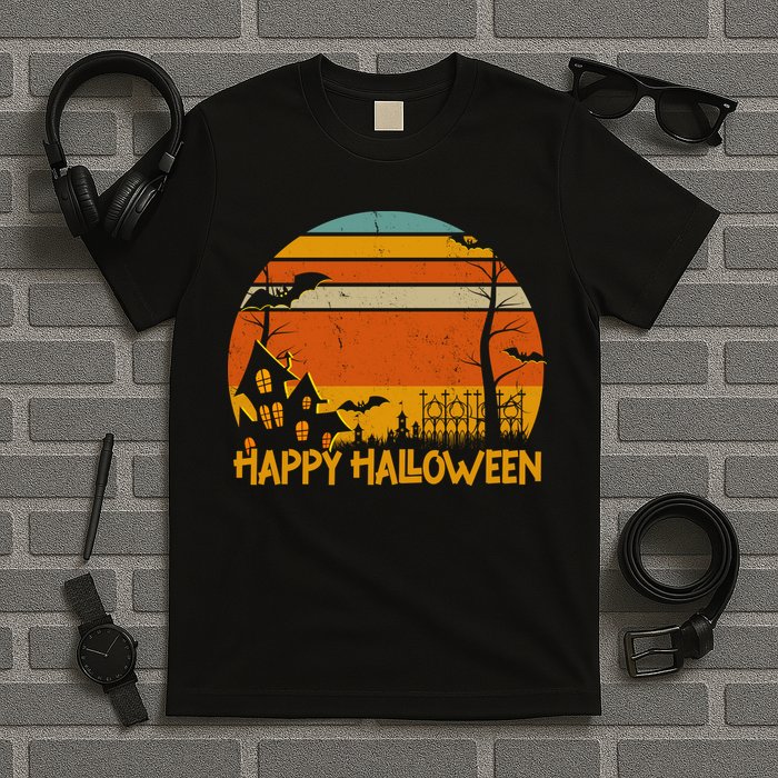 Happy Halloween Spooky Bats Vintage Sunset T-Shirt