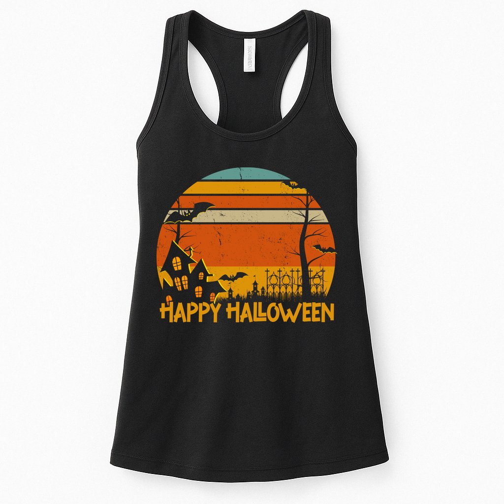 Happy Halloween Spooky Bats Vintage Sunset Womens Tank Top