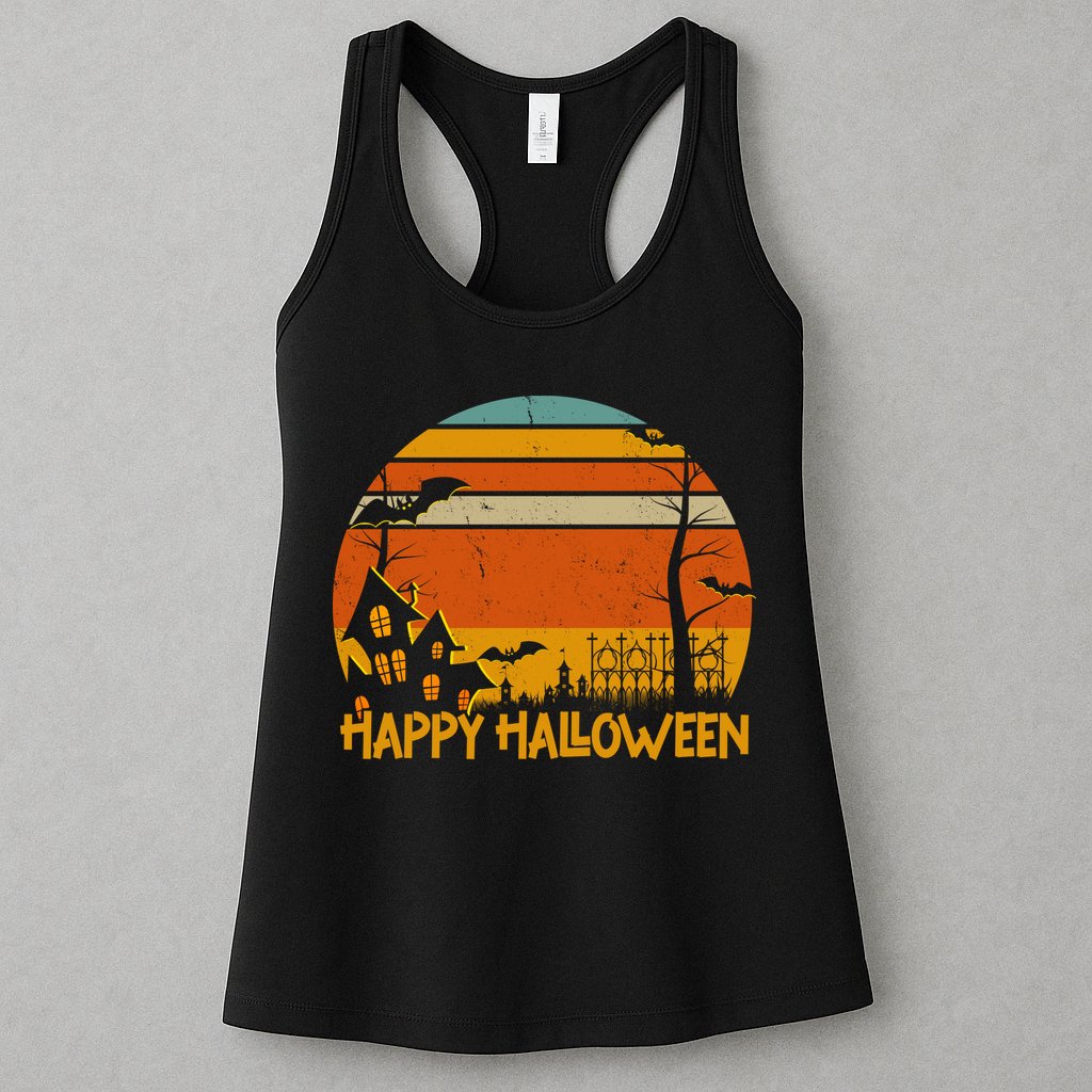 Happy Halloween Spooky Bats Vintage Sunset Womens Tank Top
