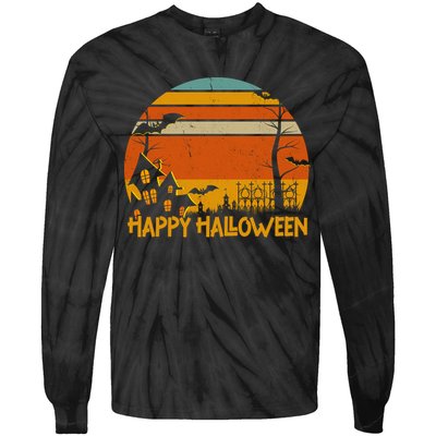 Happy Halloween Spooky Bats Vintage Sunset Tie-Dye Long Sleeve Shirt