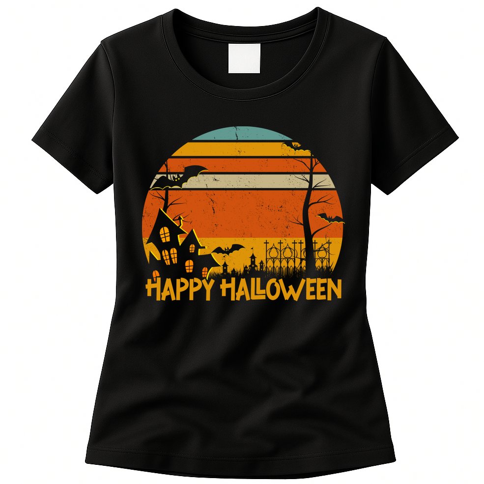 Happy Halloween Spooky Bats Vintage Sunset Womens T-Shirt