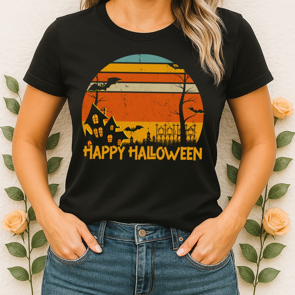 Happy Halloween Spooky Bats Vintage Sunset Womens T-Shirt