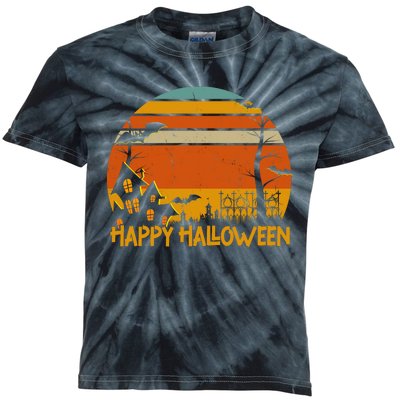 Happy Halloween Spooky Bats Vintage Sunset Kids Tie-Dye T-Shirt