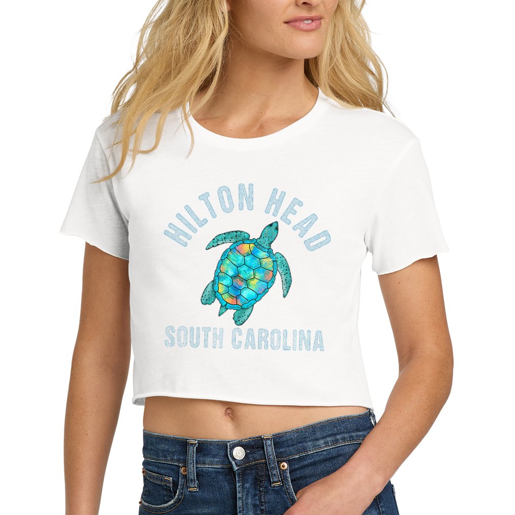 Hilton Head SC Beach Design Sea Turtle Illustration Gift Women's Crop Top Tee