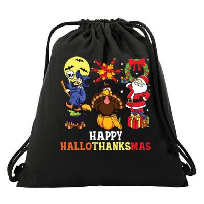 Happy Hallothanksmas Shirts Halloween Thanksgiving Christmas Drawstring Bag