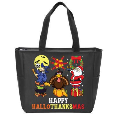 Happy Hallothanksmas Shirts Halloween Thanksgiving Christmas Zip Tote Bag